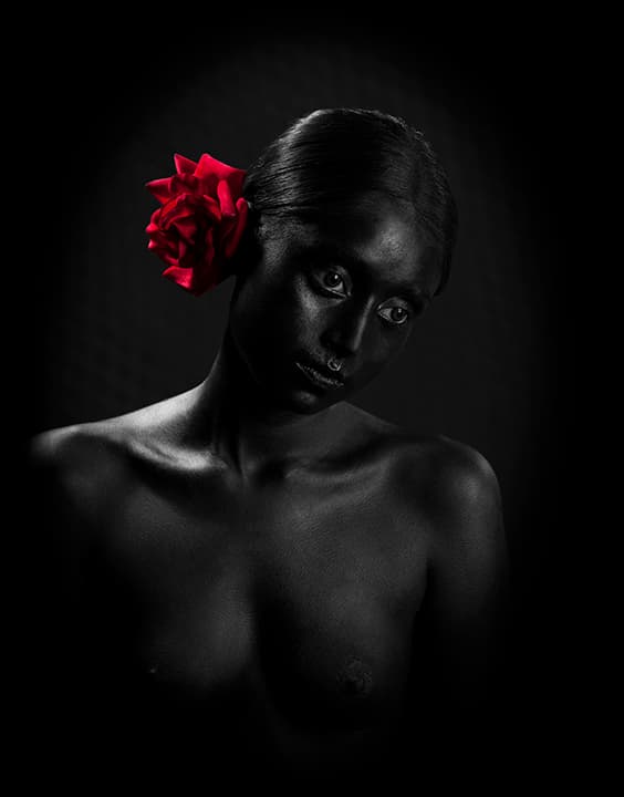 Nude in black body paint with one red rose