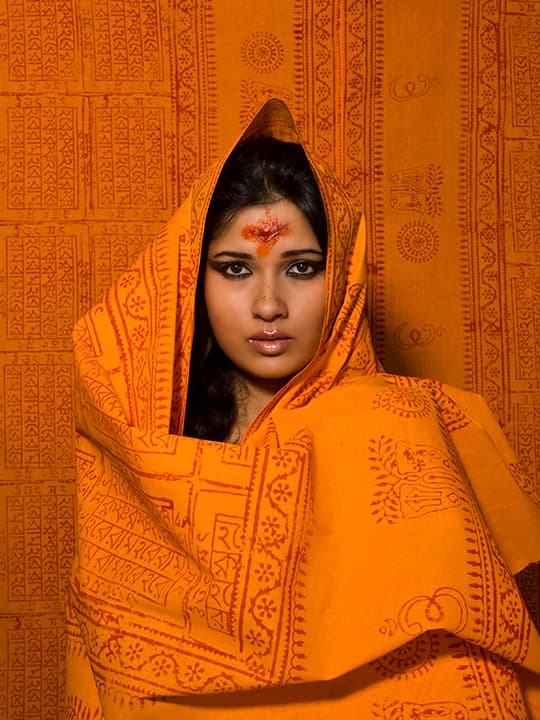 Saffron block-printed devotional shawl