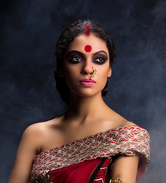 Goddess-styled close portrait with sindoor
